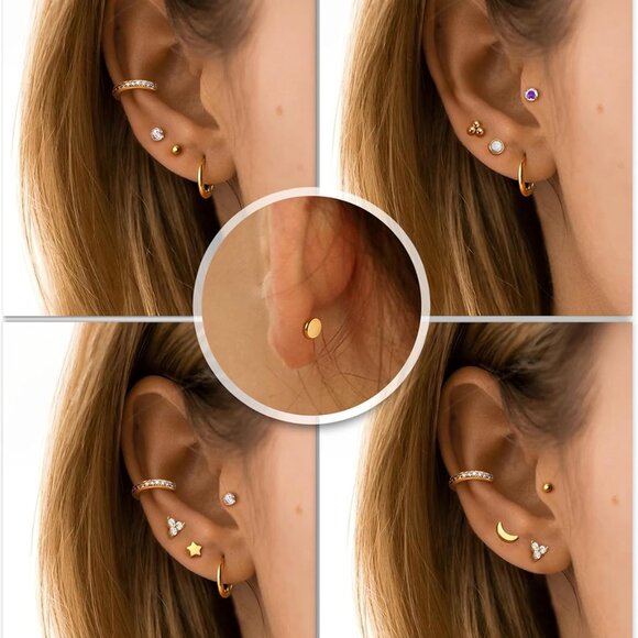 Flat Back Earrings Study Hypoallergenic Surgical Steel Multiple Piercing Use - Picture 4 of 6